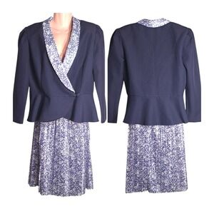 T & F Women's 2pc Skirt Wrap‎ Blazer Long Sleeve Blue White Size 14 Floral